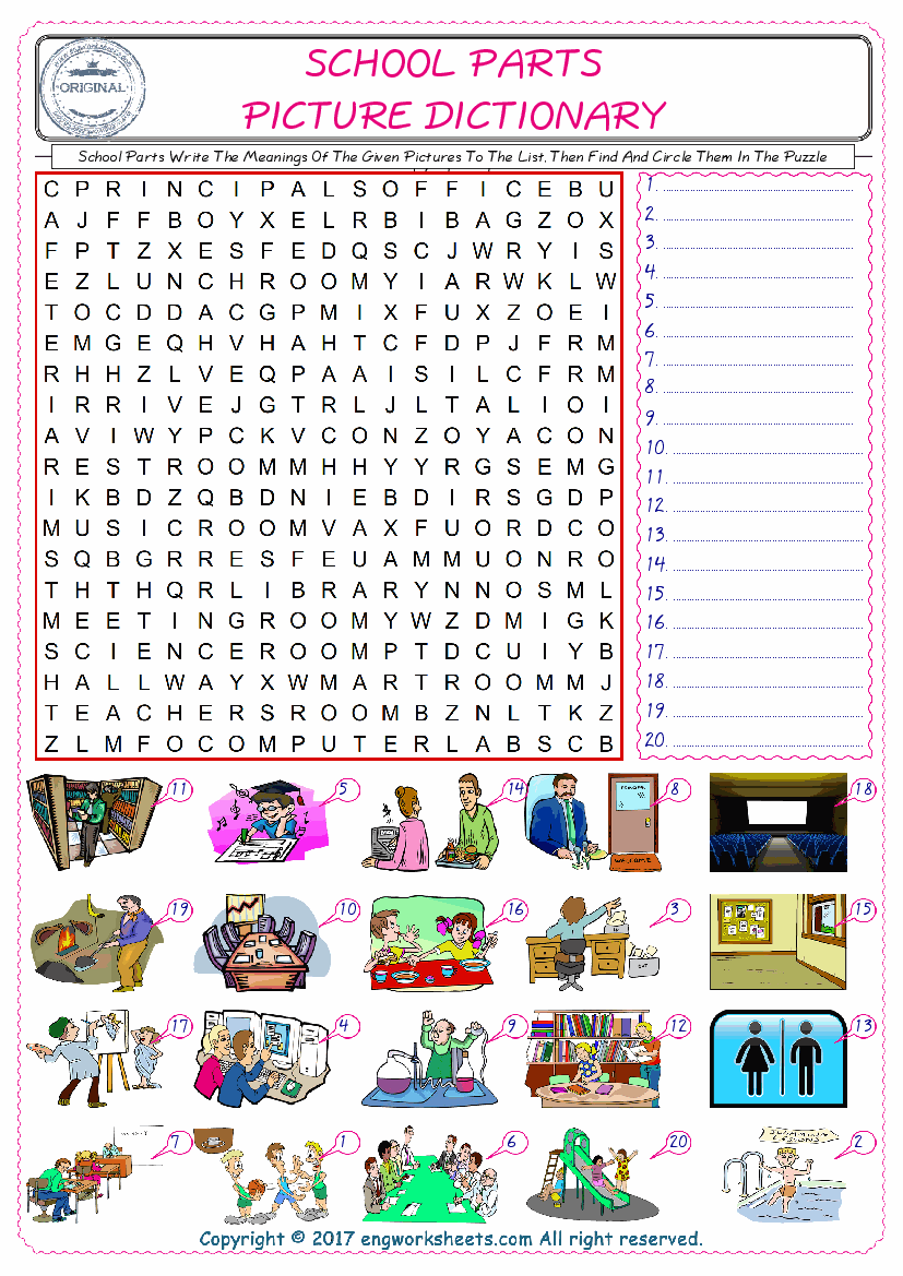  For kids, check the picture of School Parts find, and write the word and find it in the word puzzle ESL printable worksheet. 
